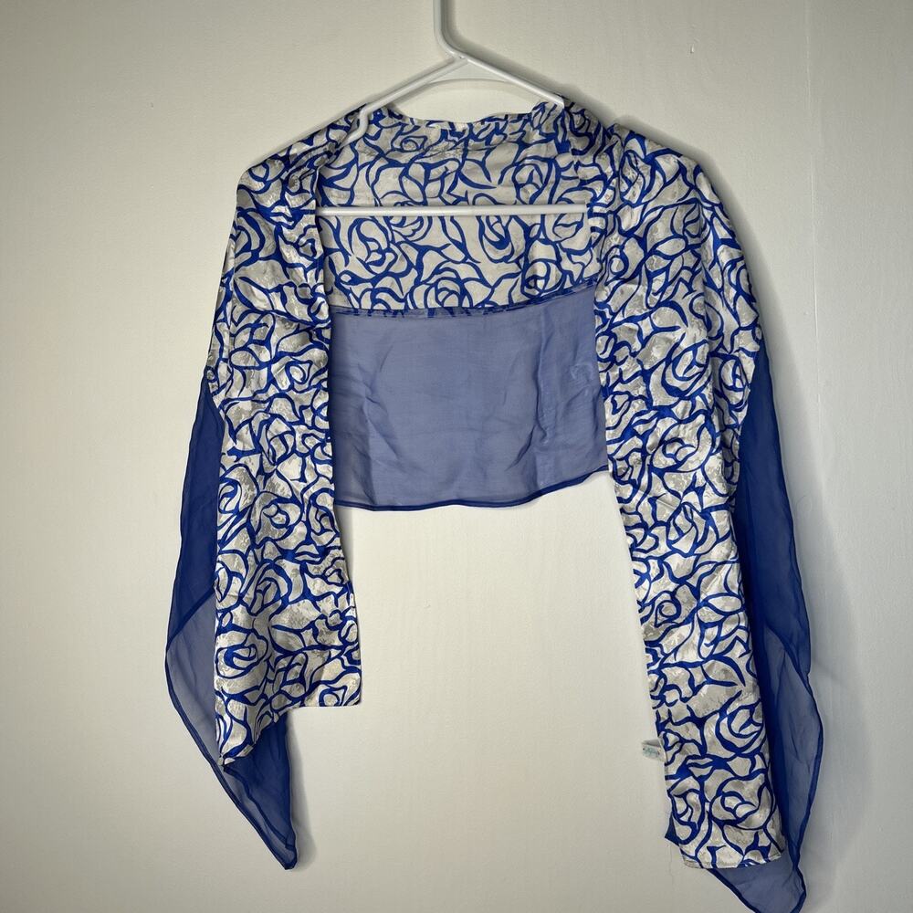 Vintage Silky Way Scarf Beautiful Royal Blue White Rose Pattern Made In USA Silk